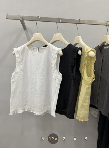 LOW FLAT韩代圆领木耳边无袖苎麻衬衫女宽松显瘦小衫背心上衣女