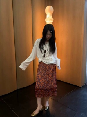 VERSO韩系复古印花荷叶边半身裙女2026新款高腰显瘦中长款a字裙