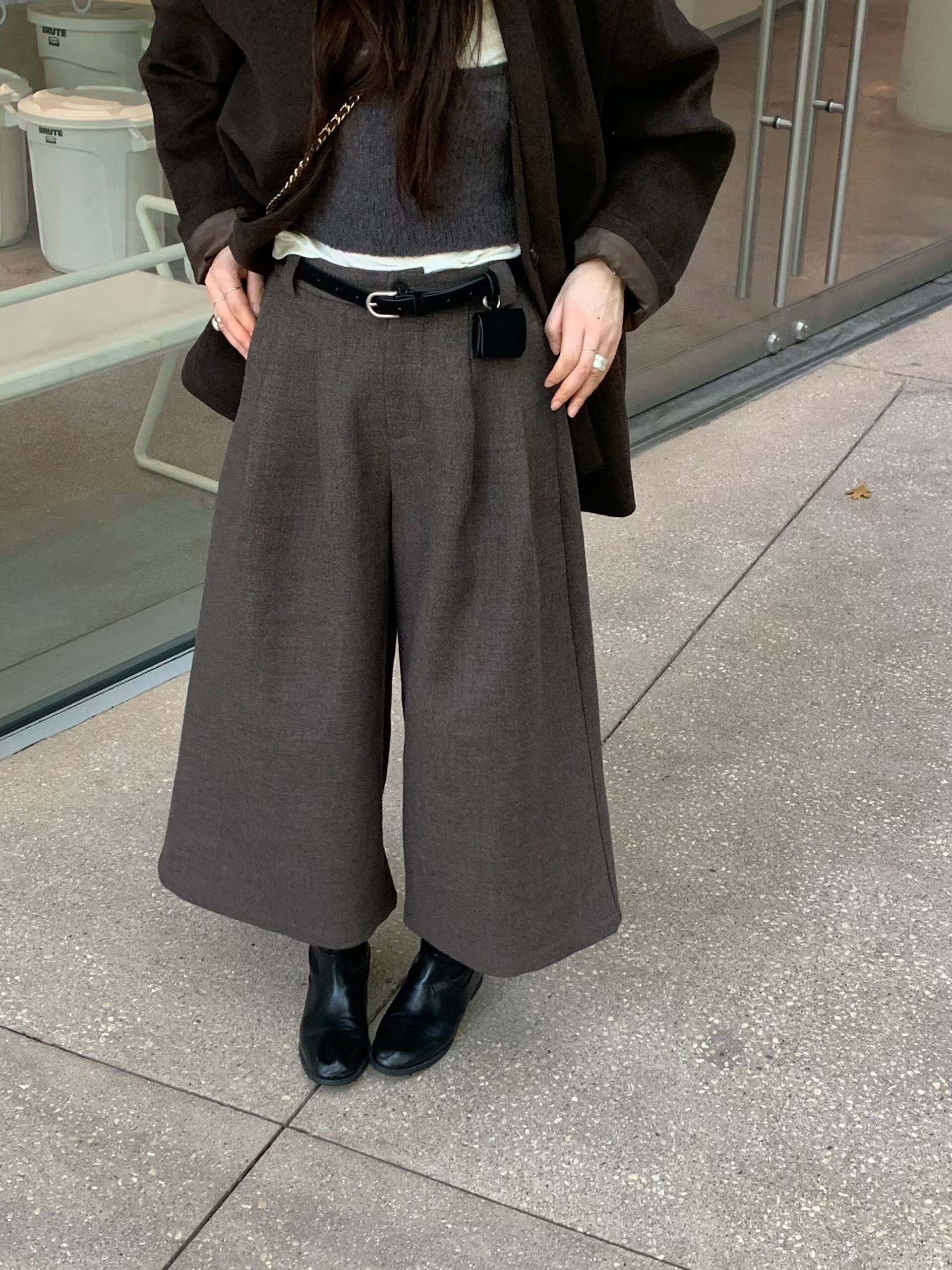 Limoen韩系时髦配腰带毛呢七分裤女后松紧高腰阔腿裤时尚直筒靴裤