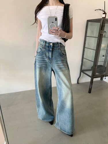 TABLE 韩系时髦设计感斑驳纹理抓须水洗牛仔裤女阔腿宽松休闲长裤