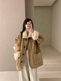 韩代时髦配包包皮毛一体羊羔毛外套女2025冬季 大衣 加厚保暖中长款