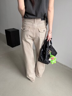 TABLE韩系高腰显瘦口袋喇叭牛仔裤女2026新款老钱风卡其色长裤子