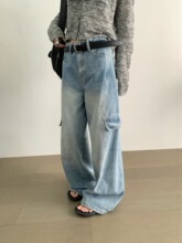 TABLE韩系时髦美式高街口袋工装裤女设计宽松休闲水洗牛仔裤秋装