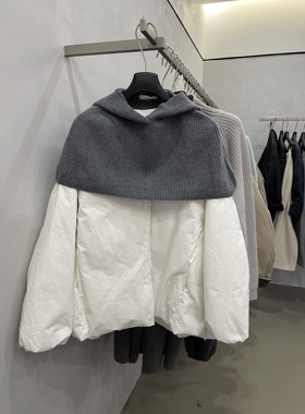 LOW FLAT简约高级宽松一手长铁灰色无领单排扣90白鸭绒羽绒服外套