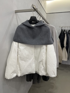 LOW FLAT简约高级宽松一手长铁灰色无领单排扣90白鸭绒羽绒服外套