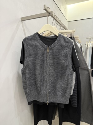 LOW FLAT韩代拉链无袖亚麻针织衫女春季休闲百搭外穿开衫马甲上衣