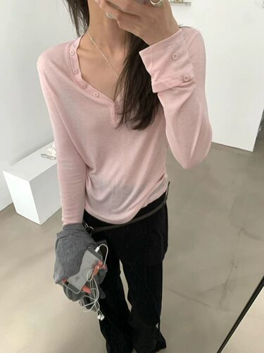 Dunvegan韩国纯欲风天丝羊毛长袖V领T恤女修身显瘦防晒打底衫上衣