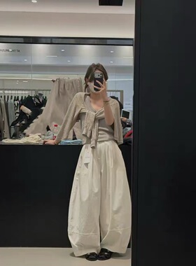 LOW FLAT韩代设计感高腰灯笼裤女2026春装白色褶皱休裤闲气球裤