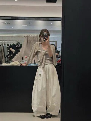 LOW FLAT韩代设计感高腰灯笼裤女2026春装白色褶皱休裤闲气球裤