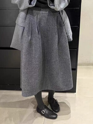 韩系ins羊毛呢半身裙女2025冬装高腰显瘦中长款a字花苞裙大摆裙女