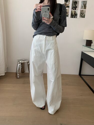 TABLE韩系白色简约立体剪裁弯刀裤女2026新款显瘦休闲阔腿长裤子