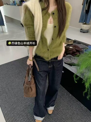 Bookshade韩系山羊绒独家定染色圆领慵懒长袖针织毛衣开衫上衣女
