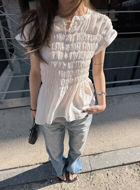 AII-in韩系重工压褶设计感系带小衫女2026夏季圆领短袖小个子上衣