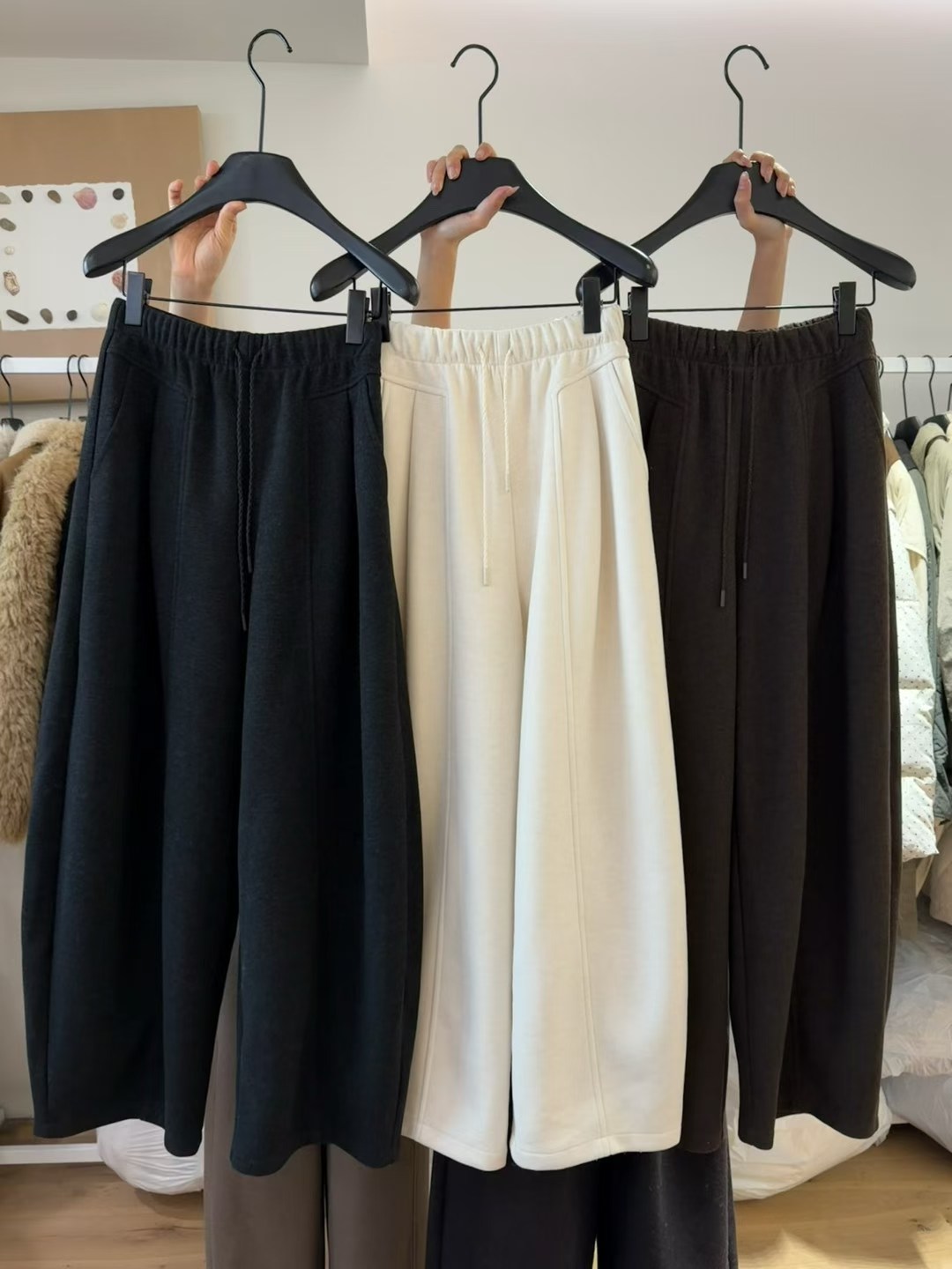 EGO韩系简约软糯加绒休闲弯刀裤女2025冬装宽松显瘦保暖阔腿裤女