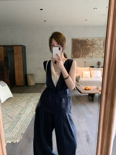 韩系时髦设计感假两件V领无袖背心阔腿裤亚麻套装女2025夏两件套