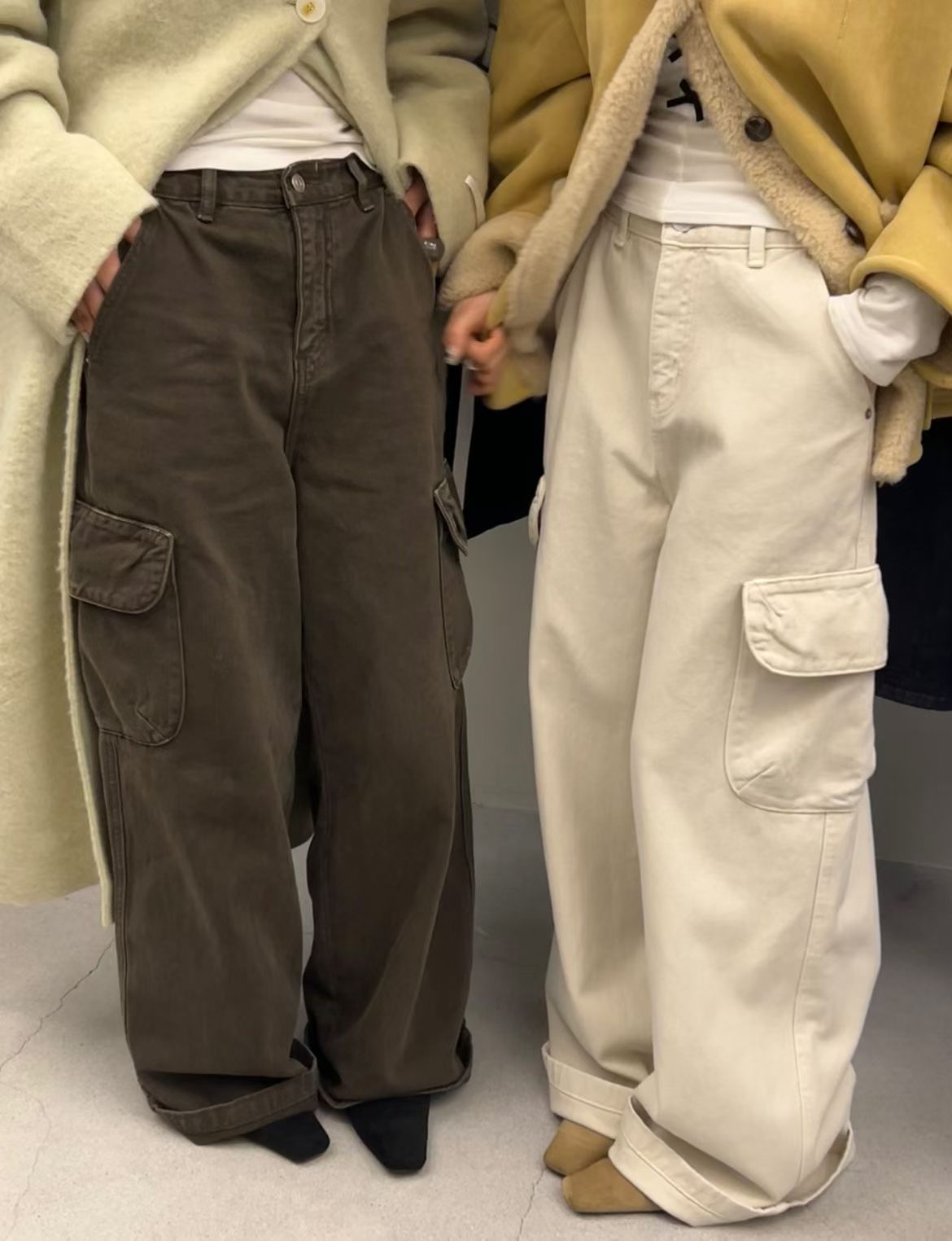TABLE 韩系设计感时髦大口袋松弛感阔腿女秋冬磨毛薄绒牛仔工装裤