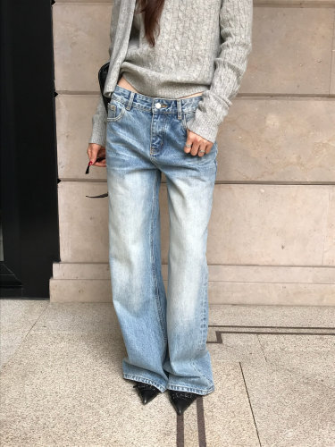 TABLE韩系时髦水洗浅蓝牛仔裤女2026秋冬新高腰显瘦直筒阔腿长裤