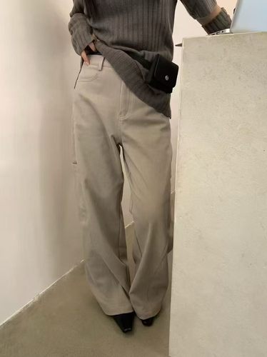 韩代小众质感磨绒高腰直筒侧口袋休闲裤长裤女2025冬装百搭工装裤