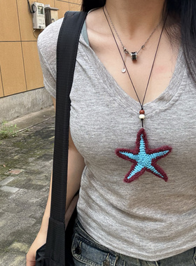 纯手工编织毛线复古可爱海星项链独特童趣可爱星星百搭毛衣链装饰