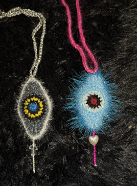 纯手工毛线编织BlingBling毛线饰品复古十字架爱心恶魔之眼毛衣链