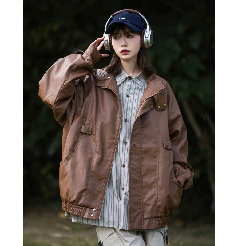 中性图！2024年春季新款港风皮衣机车风宽松PU皮情侣装23061-P98,女装皮衣,电商C213(原B265)