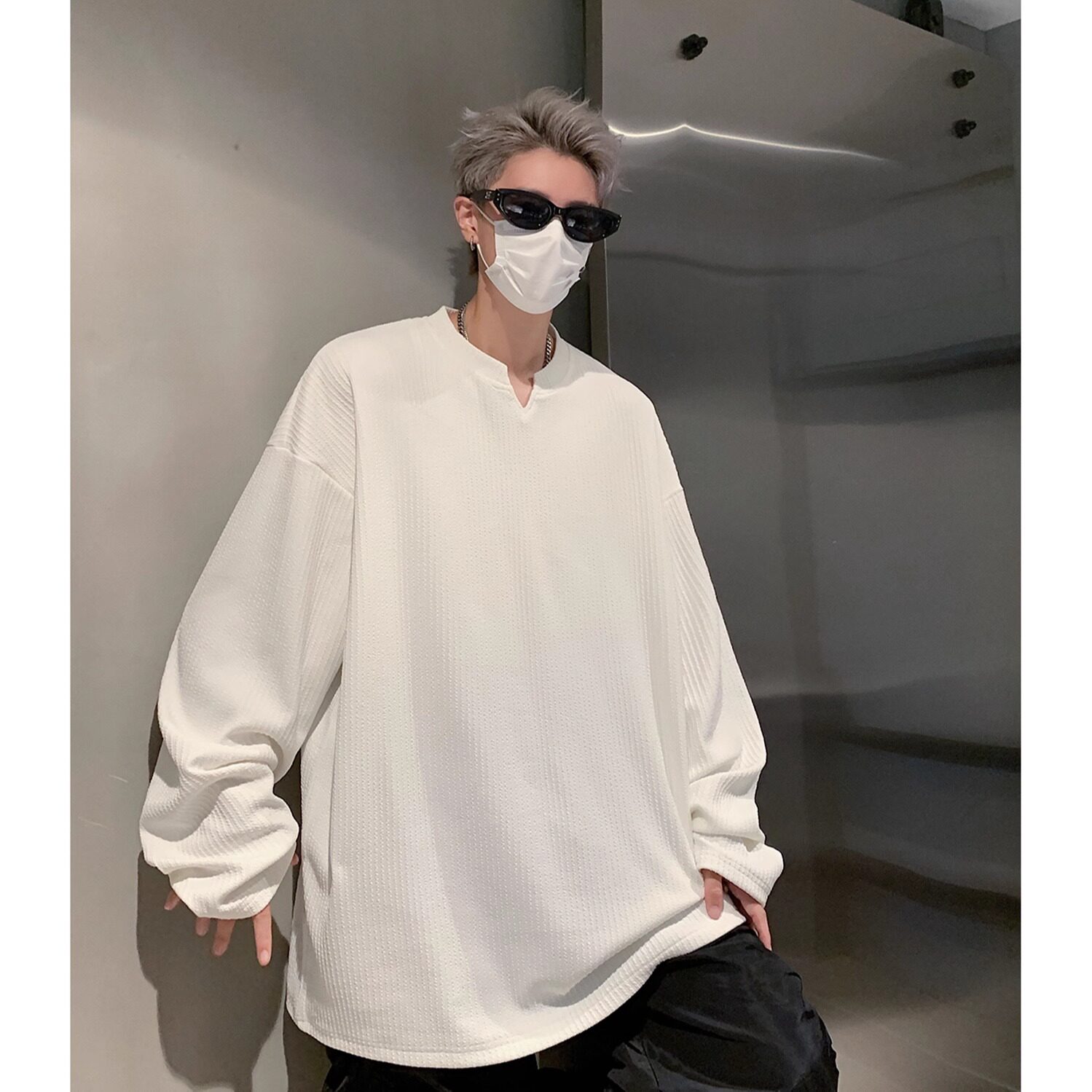 2025年秋季新款小V领卫衣肌理感宽松加厚打底衫男7852加绒-特P30,男装T恤,电商C213(原B265)