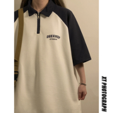 中性！夏季新款美式polo衫短袖学院风宽松插肩袖撞色T恤7827-P38，女装衬衫，电商C213(原B265)