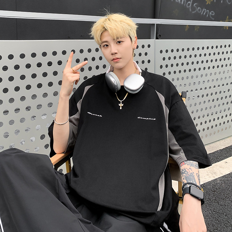 港风2024夏季美式潮牌撞色拼接机车短袖男宽松情侣T恤男7818-P38,男装T恤,电商C213(原B265)