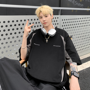 港风2024夏季美式潮牌撞色拼接机车短袖男宽松情侣T恤男 7818-P38图片