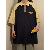中性！夏季新款美式polo衫短袖学院风宽松插肩袖撞色T恤7827-P38，女装衬衫，电商C213(原B265)