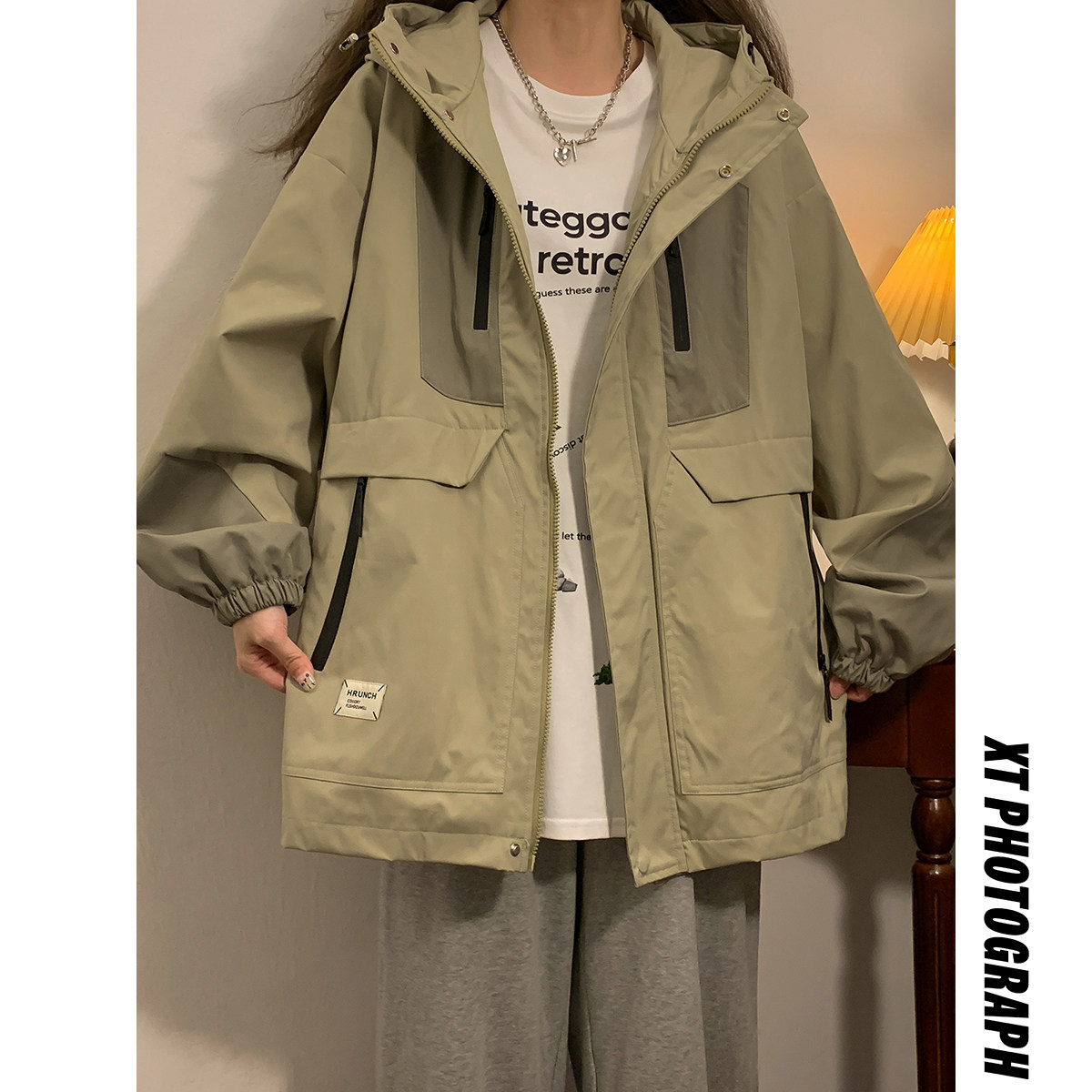 2025年春秋新款港风大码冲锋衣撞色防水情侣宽松夹克女23062-P88,男装夹克,电商C213(原B265)