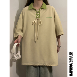 运动服女夏季新款宽松设计感短袖短裤Polo衫港味chic套头上衣图片