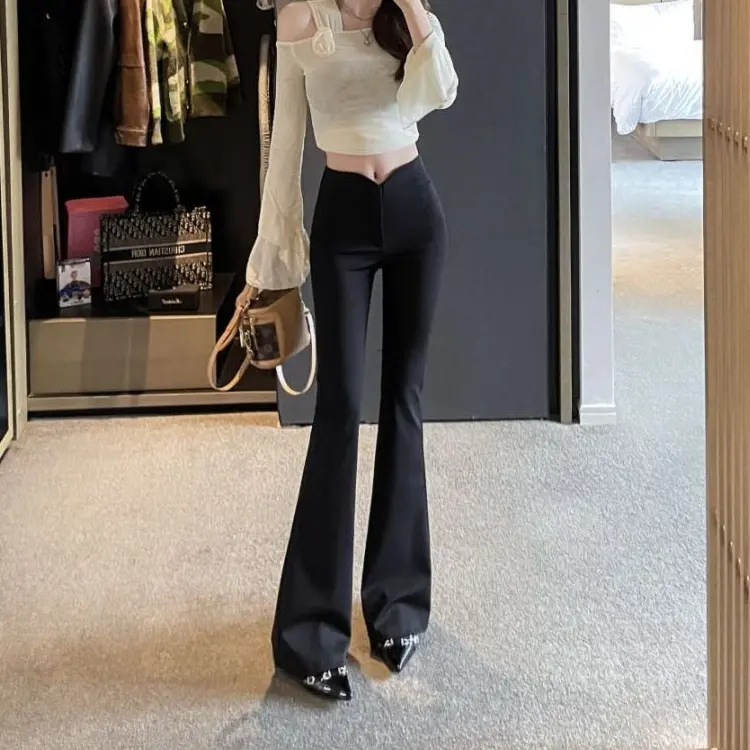 韩版网红露脐弹力微喇休闲裤女秋冬气质显瘦提臀修腿型加长喇叭裤