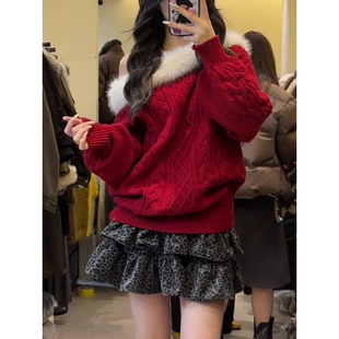 圣诞节新年红色毛领一字肩套头绞花毛衣女冬季慵懒风露肩针织上衣
