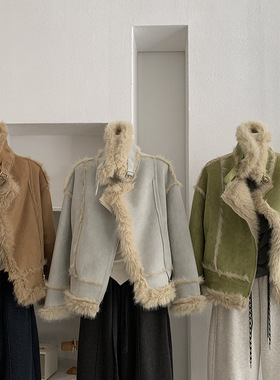 欧玛莱 翻领麂皮绒皮毛一体外套女冬季新款宽松长袖皮草上衣 5659