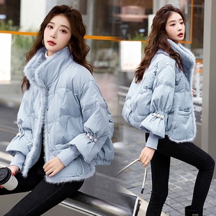小香风羽绒服女宽松洋气短款立领名媛水貂毛珍珠轻薄白鸭绒面包服