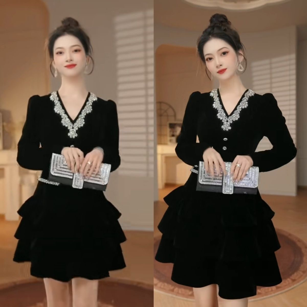 2025新款洋气修身重工收腰显瘦打底衫秋季设计时尚V领长袖连衣裙,女装/女士精品,连衣裙,淘宝优惠券,粉丝福利购,淘宝优惠卷