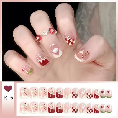 新年红色棋盘格甜美穿戴甲套装