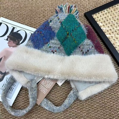 可爱毛球费尔岛秋冬学生女式毛绒边菱形韩版厚百搭保暖针织护耳帽