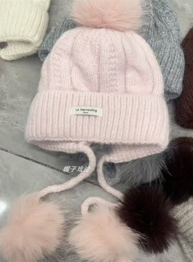 滑雪咖色毛球麻花编织秋冬韩版百搭保暖护耳女加厚针织系绳风雪帽