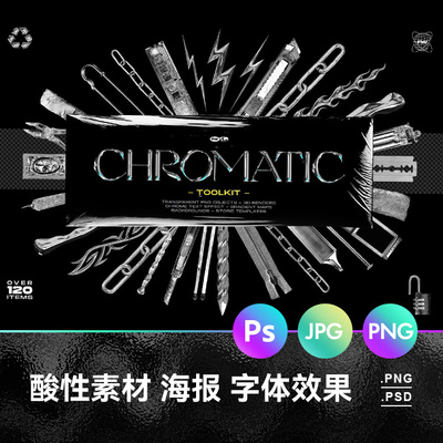 酸性链子钳子玫瑰花闪电镀铬物品PNG免抠图PPT PSD设计素材字体
