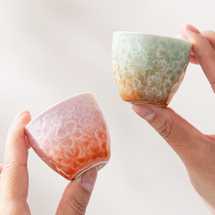 渐变樱花浮雕茶杯主人杯女士高端功夫茶具品茗杯喝茶杯子家用待客