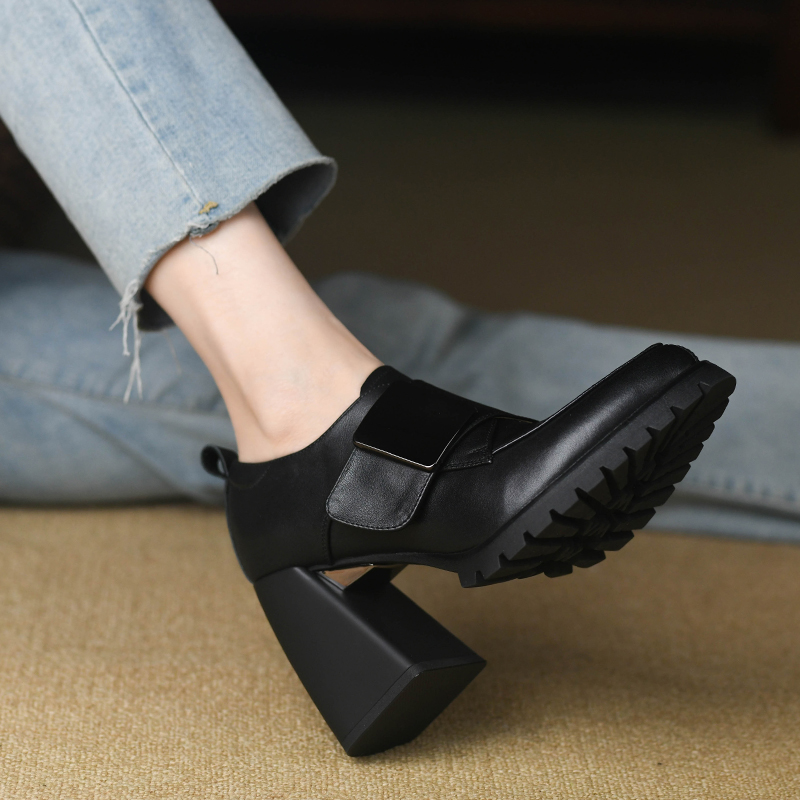 复古深口尖头全牛皮高跟单鞋女