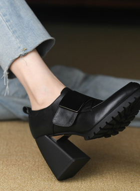 复古深口尖头单鞋女粗跟2023春秋款全牛皮真皮黑色高跟鞋女9.5cm