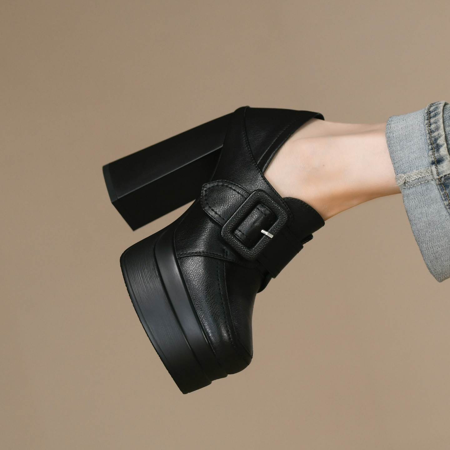 头层牛皮超高跟粗跟深口单鞋女