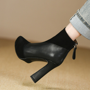 11cm黑色超高跟鞋 拼接真皮裸靴子后拉链粗跟尖头短靴女 女秋冬新款