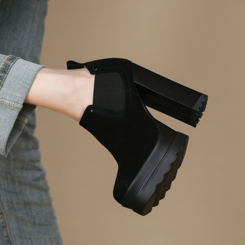 牛反皮超高跟粗跟圆头深口单鞋女