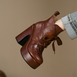 英伦风厚底马丁靴女粗跟秋冬新款 棕色真牛皮防水台高跟短靴女12cm