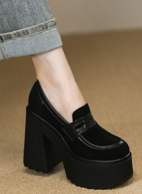 黑色圆头深口厚底单鞋女粗跟秋季款磨砂真皮一脚蹬12cm超高跟鞋女