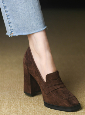 舒适软皮方头深口粗跟单鞋女春季磨砂羊皮真皮棕色复古高跟鞋9cm